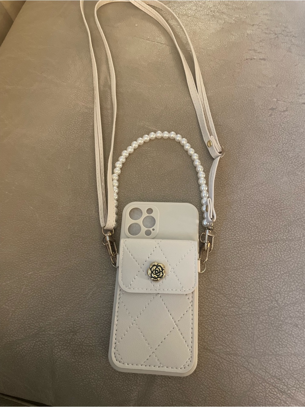 Brand New White Quilted Crossbody Phone Bag with Pearl Handle for iPhone 12 Pro